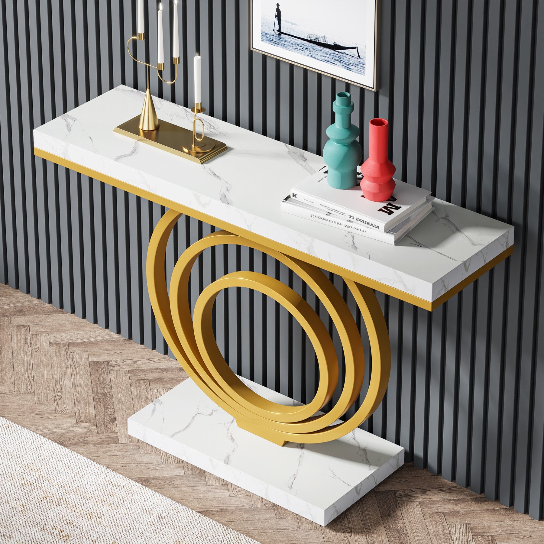 Faux Marble Console Table, 41" Entryway Sofa Table with Gold Ring Base Tribesigns